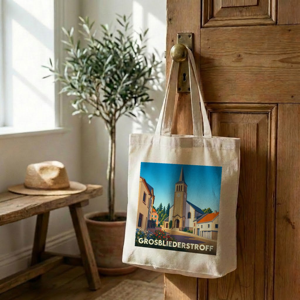 Tote bag souvenir de la ville de Grosbliederstroff avec une illustration stylisée.