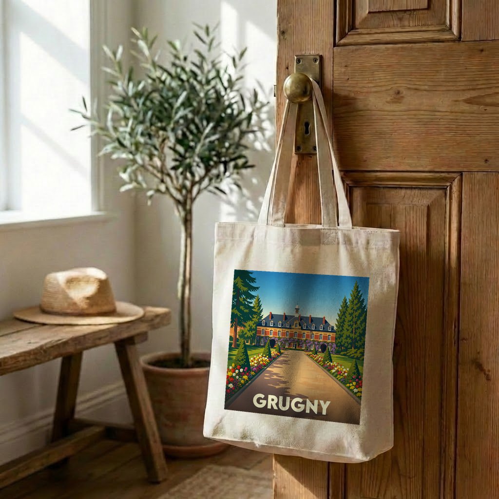 Tote bag souvenir de la ville de Grugny avec une illustration stylisée.