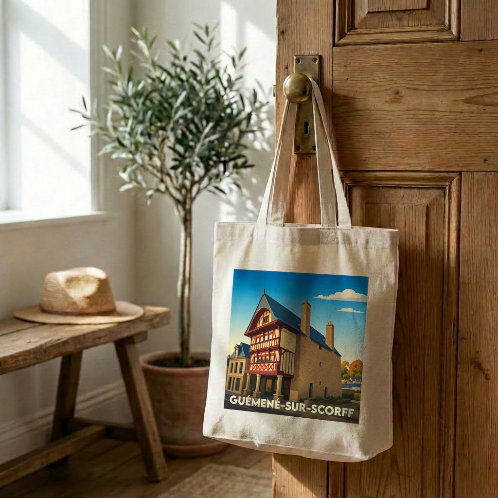 Tote bag souvenir de la ville de Guémené-sur-Scorff avec une illustration stylisée.