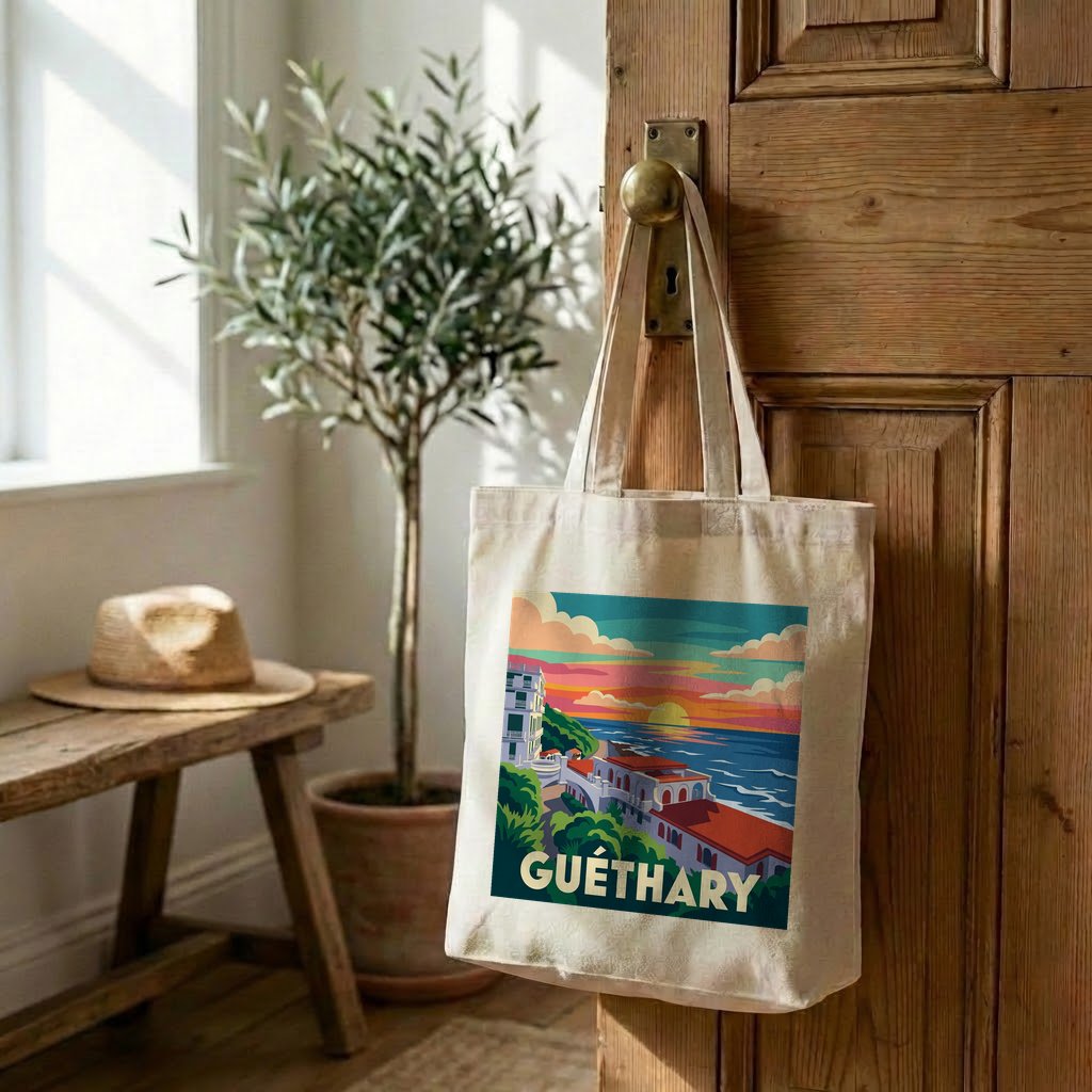Tote bag souvenir de la ville de Guéthary avec une illustration stylisée.