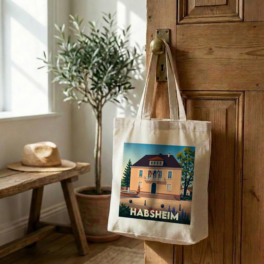 Tote bag souvenir de la ville de Habsheim avec une illustration stylisée de son hôtel de ville.