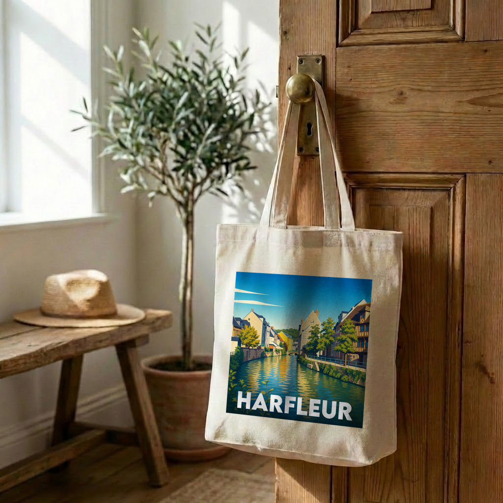Tote bag souvenir de la ville de Harfleur avec une illustration stylisée d'un canal bordé de maisons.