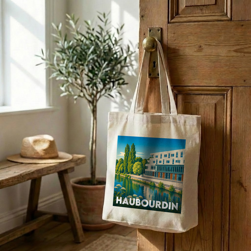 Tote bag souvenir de la ville de Haubourdin avec une illustration stylisée.