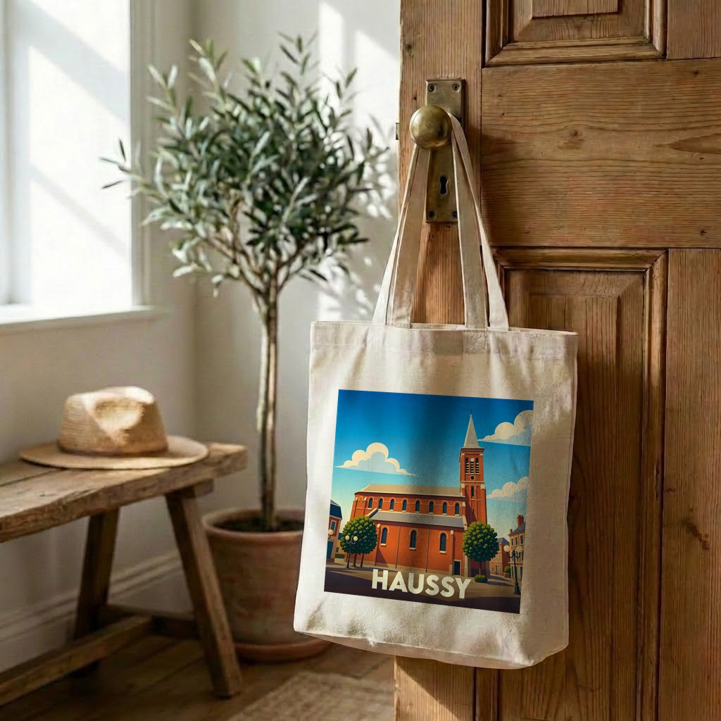 Tote bag souvenir de la ville de Haussy avec une illustration stylisée.