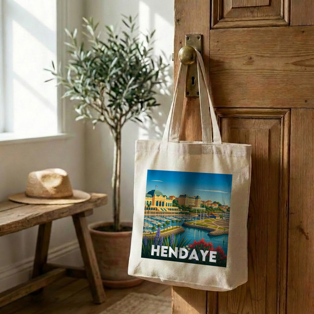 Tote bag souvenir de la ville de Hendaye avec une illustration stylisée.