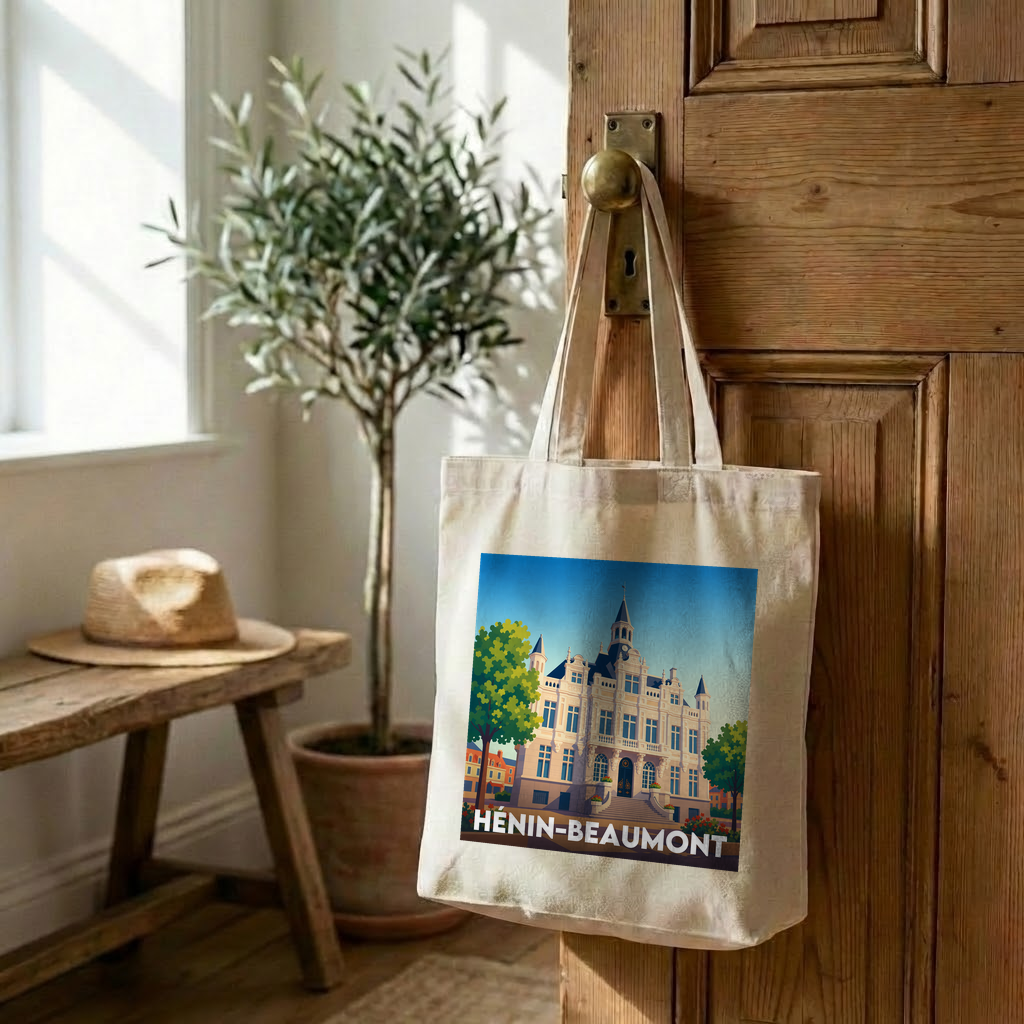 Tote bag souvenir de la ville de Hénin-Beaumont avec une illustration stylisée.