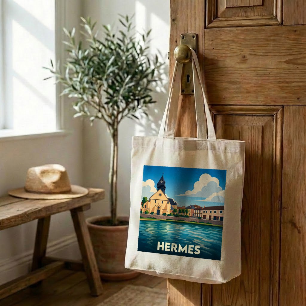 Tote bag souvenir de la ville de Hermes avec une illustration stylisée d'une église au bord de l'eau.