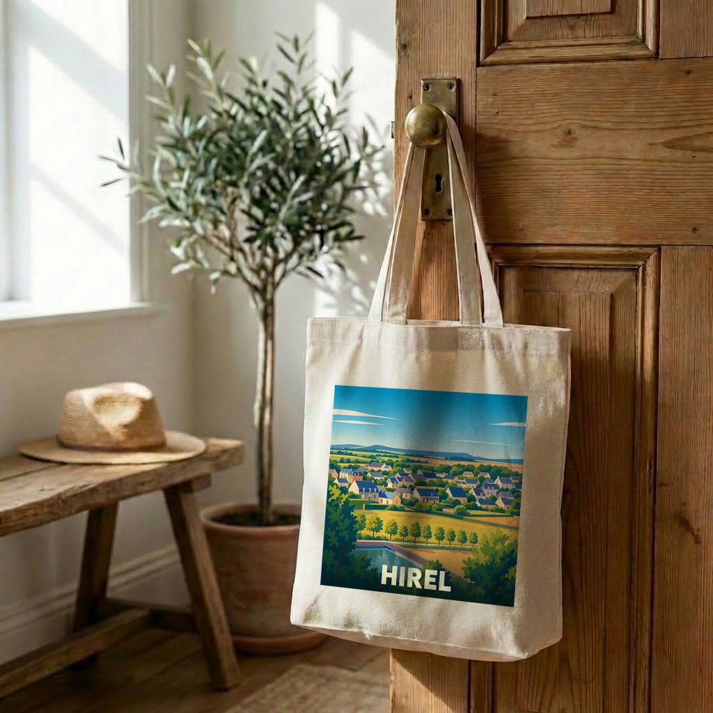 Tote bag souvenir de la ville de Hirel avec une illustration de paysage stylisée.