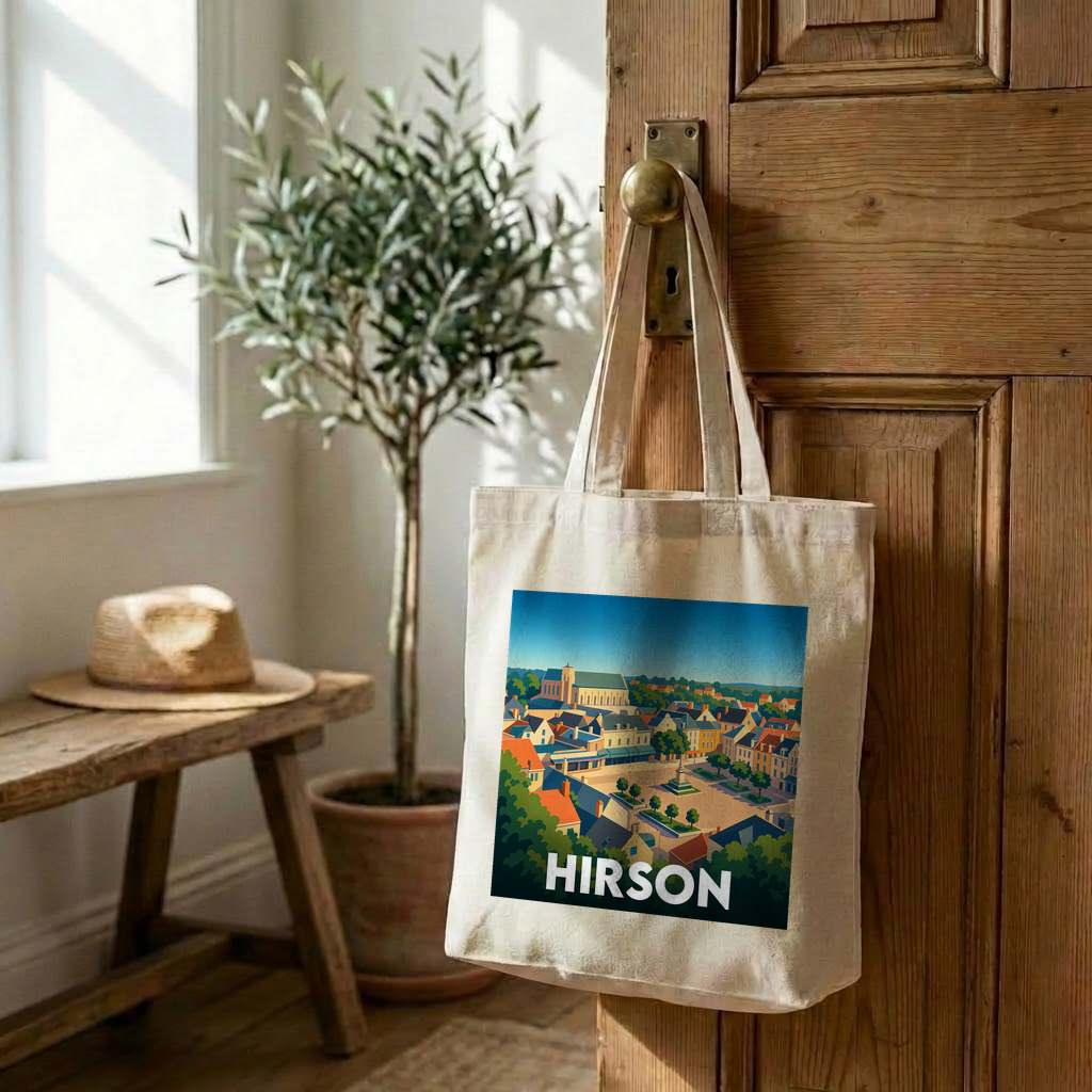 Tote bag souvenir de la ville de Hirson avec une illustration stylisée.