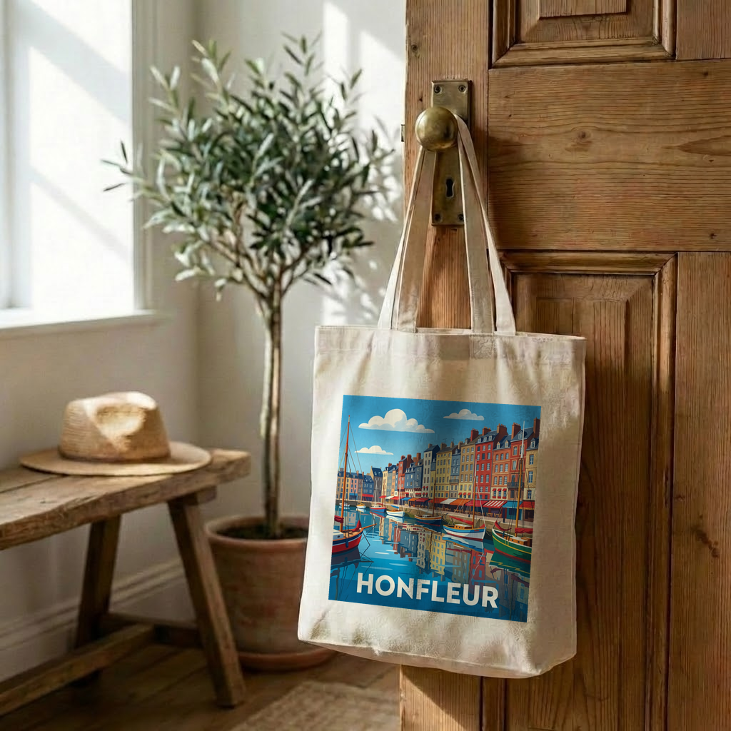 Tote bag souvenir de la ville de Honfleur avec une illustration stylisée de son port.