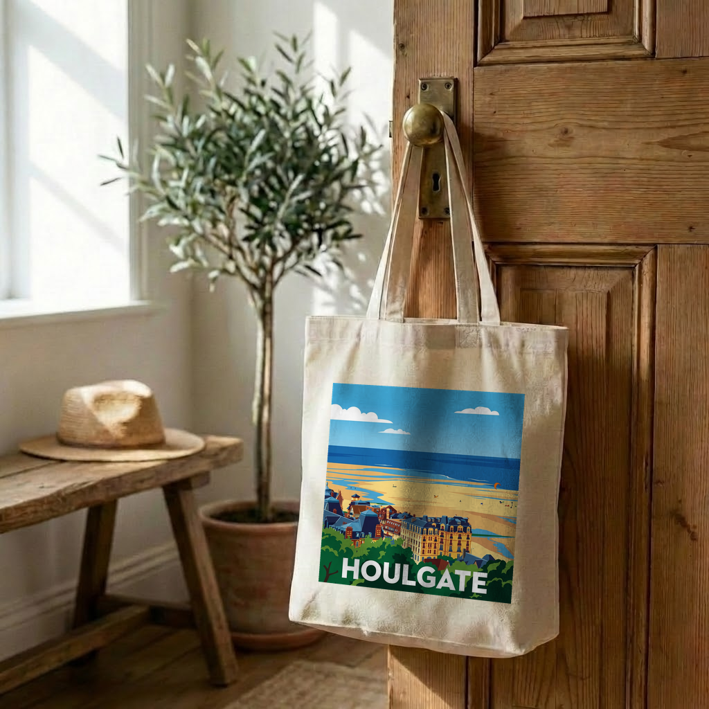Tote bag souvenir de la ville de Houlgate avec une illustration stylisée.