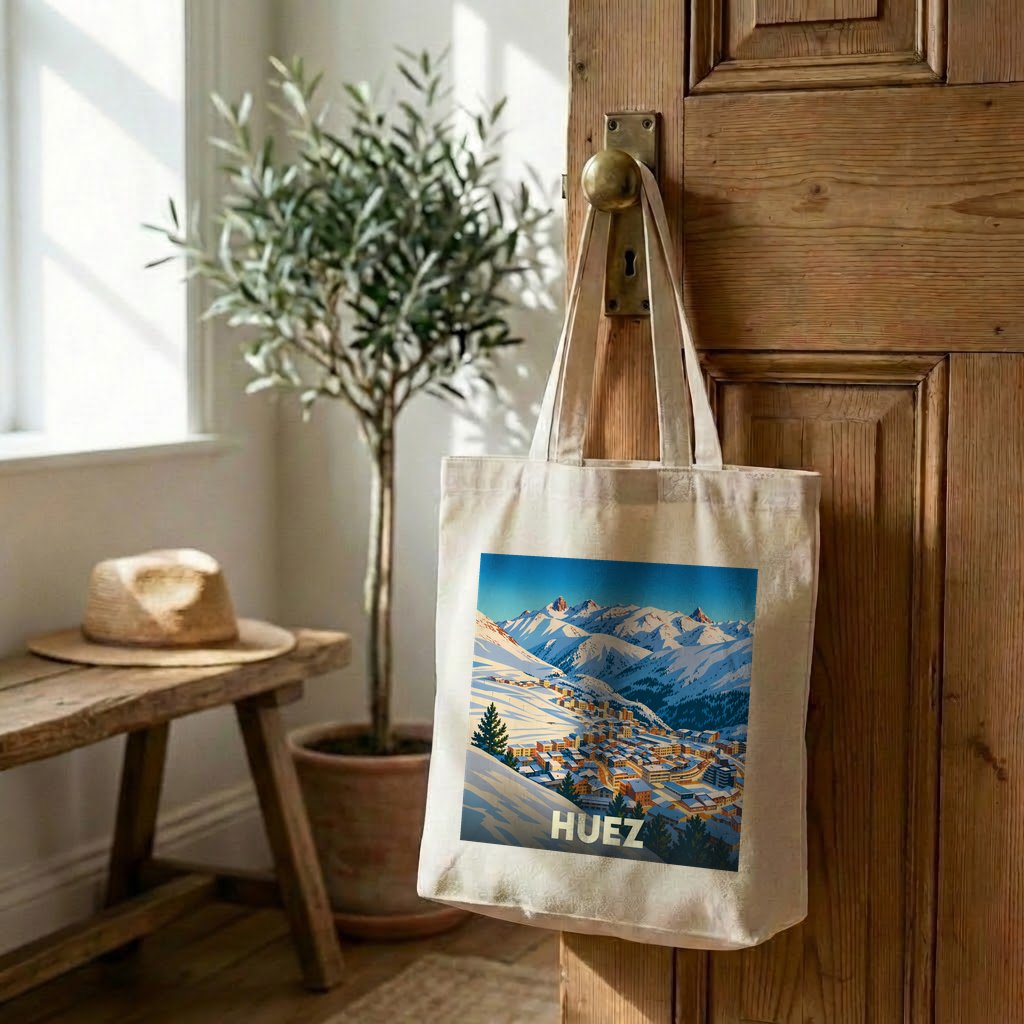 Tote bag souvenir de la ville de Huez avec une illustration de montagne stylisée.
