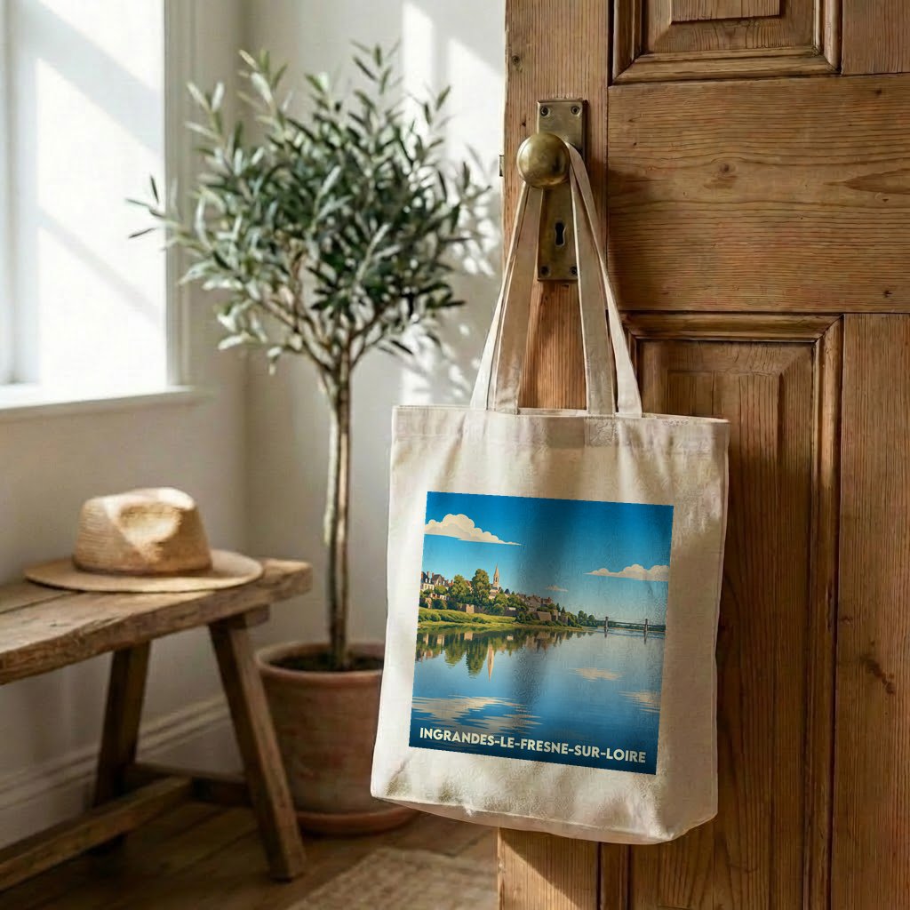 Tote bag souvenir de la ville d'Ingrandes-le-Fresne-sur-Loire avec une illustration stylisée des bords de Loire.