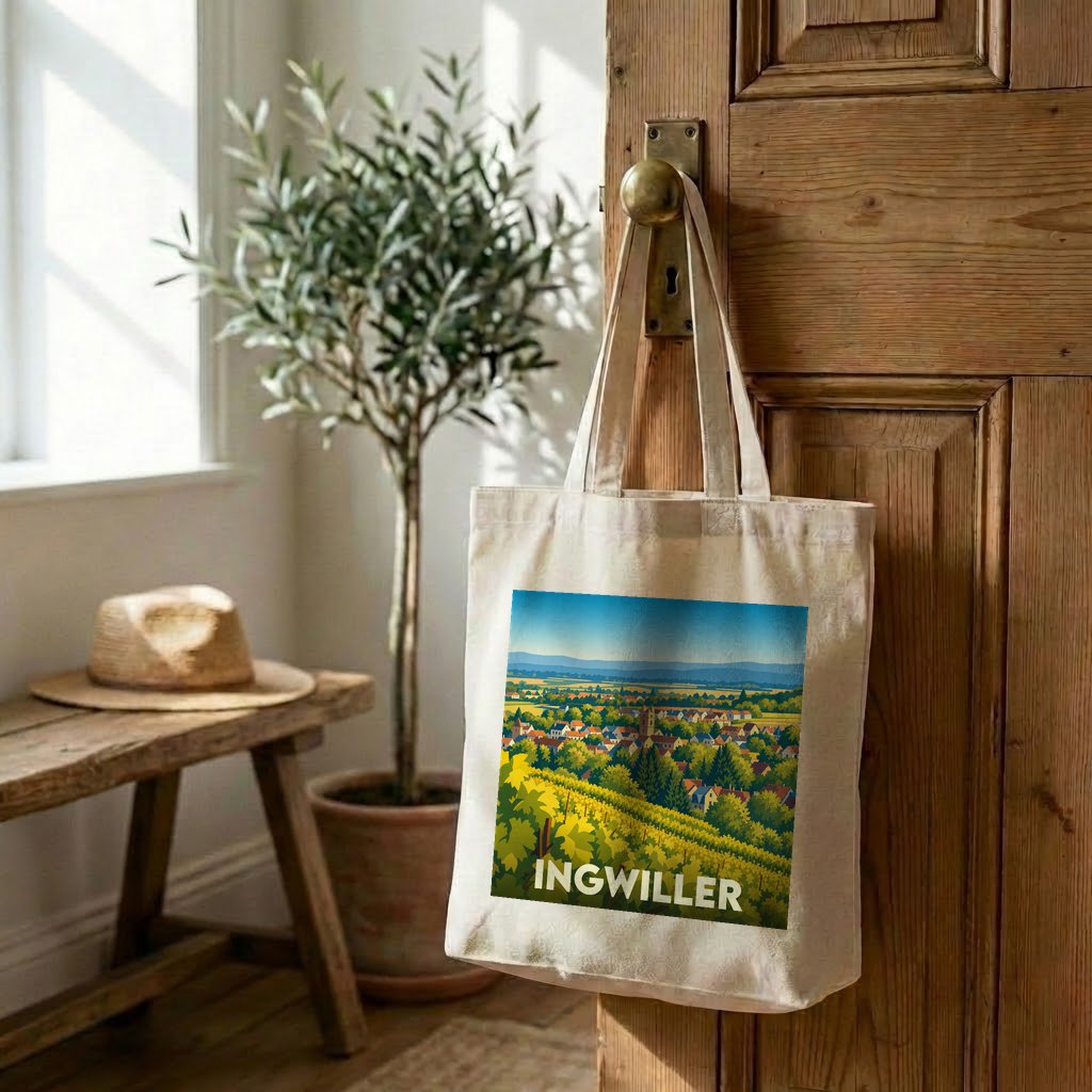 Tote bag souvenir de la ville d'Ingwiller avec une illustration de paysage vallonné.