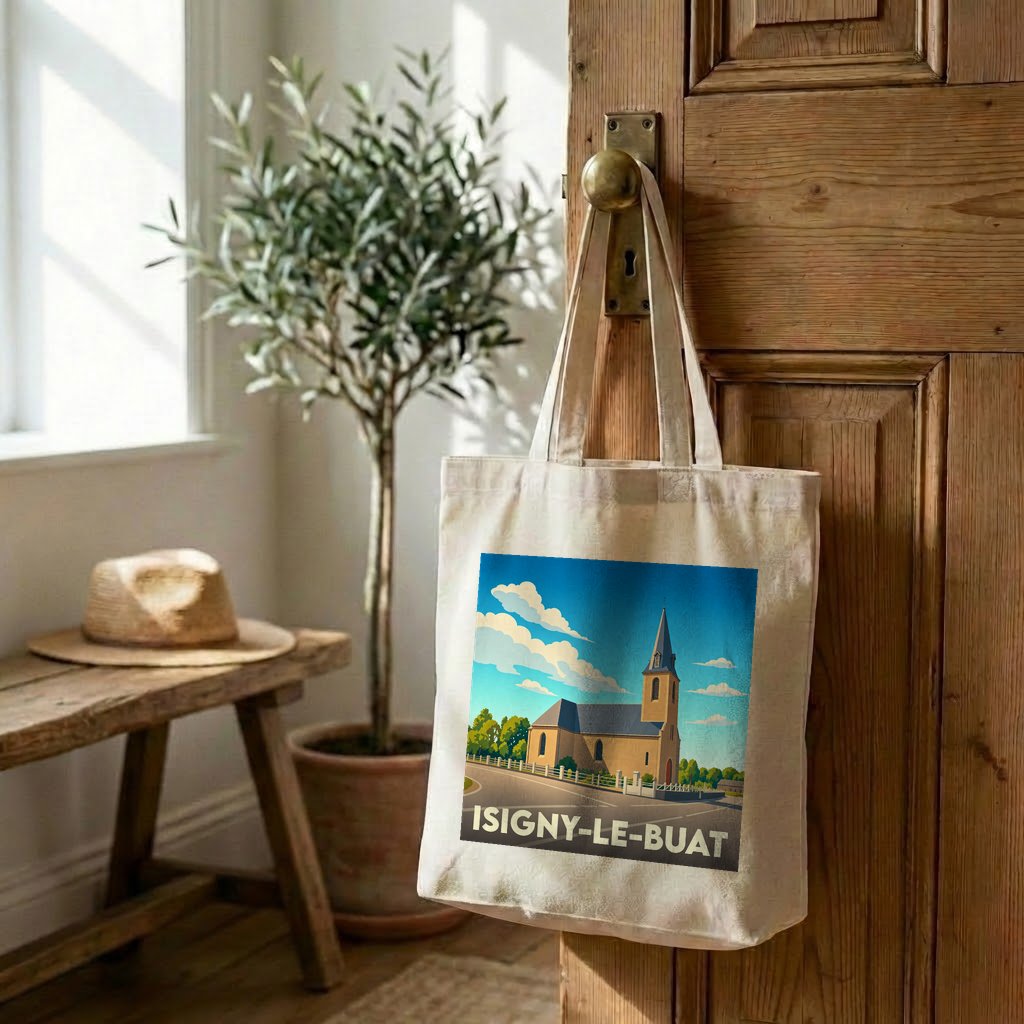 Tote bag souvenir de la ville d'Isigny-le-Buat avec une illustration stylisée de son église.