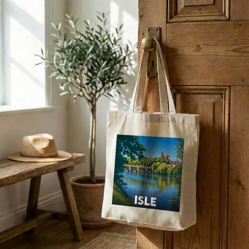 Sac cabas souvenir de la ville de Isle avec une illustration stylisée d'un pont et d'une rivière.