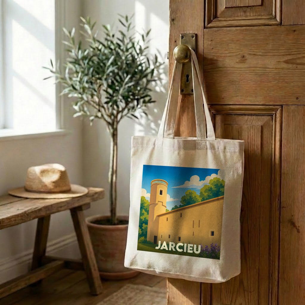 Tote bag souvenir de la ville de Jarcieu avec une illustration stylisée.