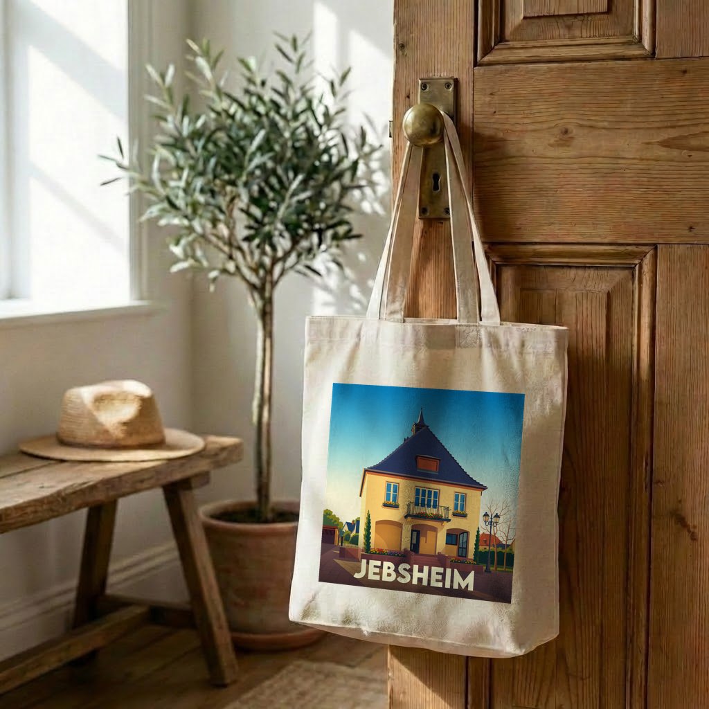 Tote bag souvenir de la ville de Jebsheim avec une illustration stylisée d'une maison alsacienne.