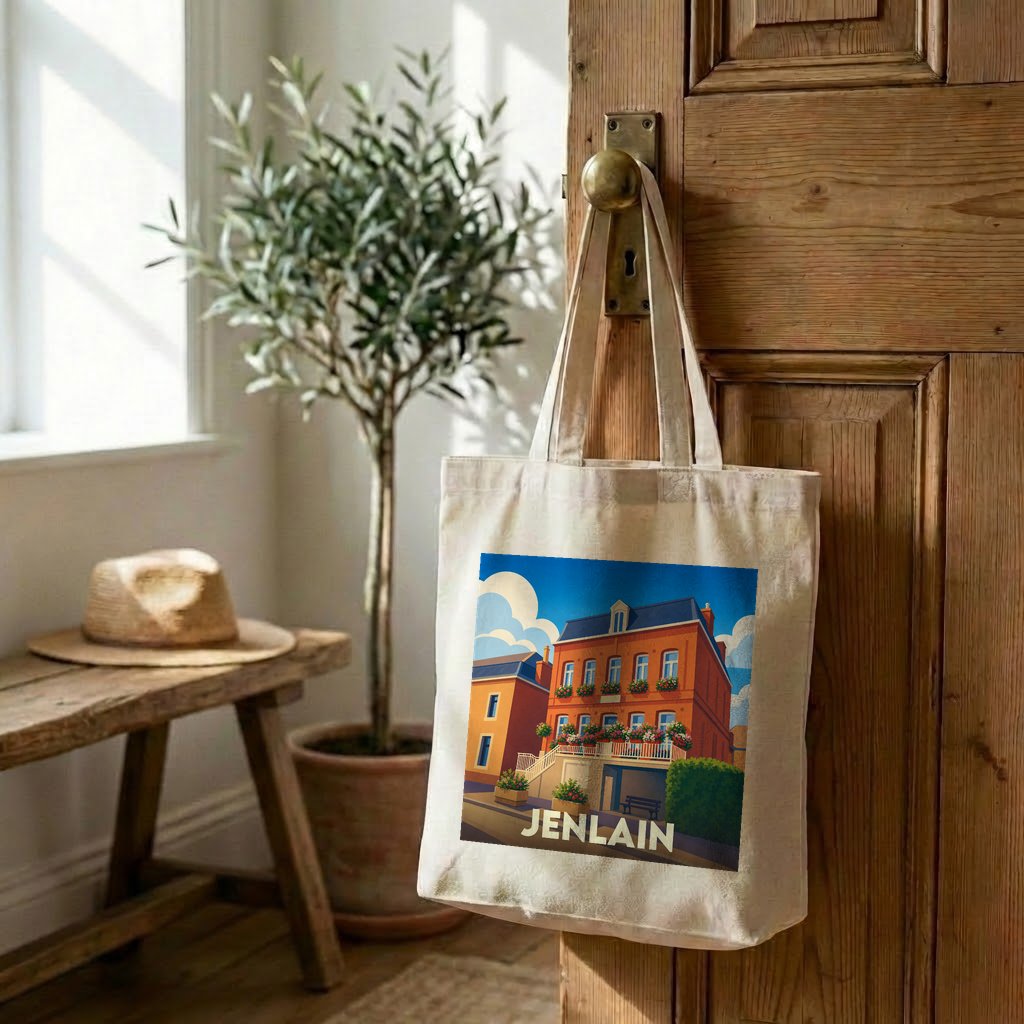 Tote bag souvenir de la ville de Jenlain avec une illustration stylisée.