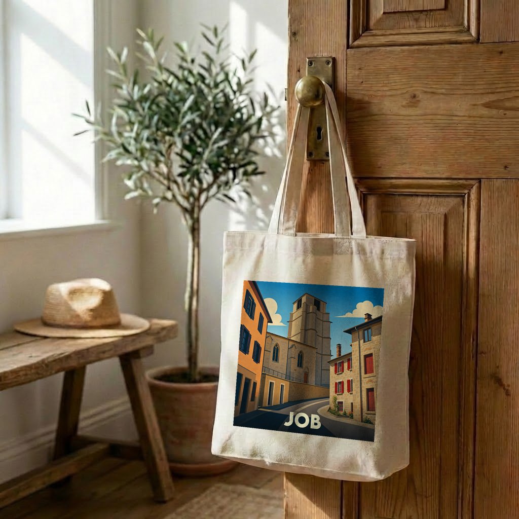 Tote bag souvenir de la ville de Job avec une illustration stylisée.