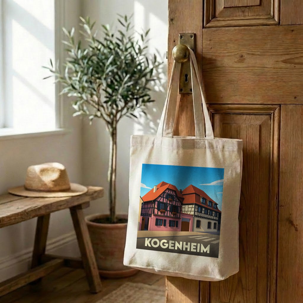 Tote bag souvenir de la ville de Kogenheim avec une illustration stylisée.
