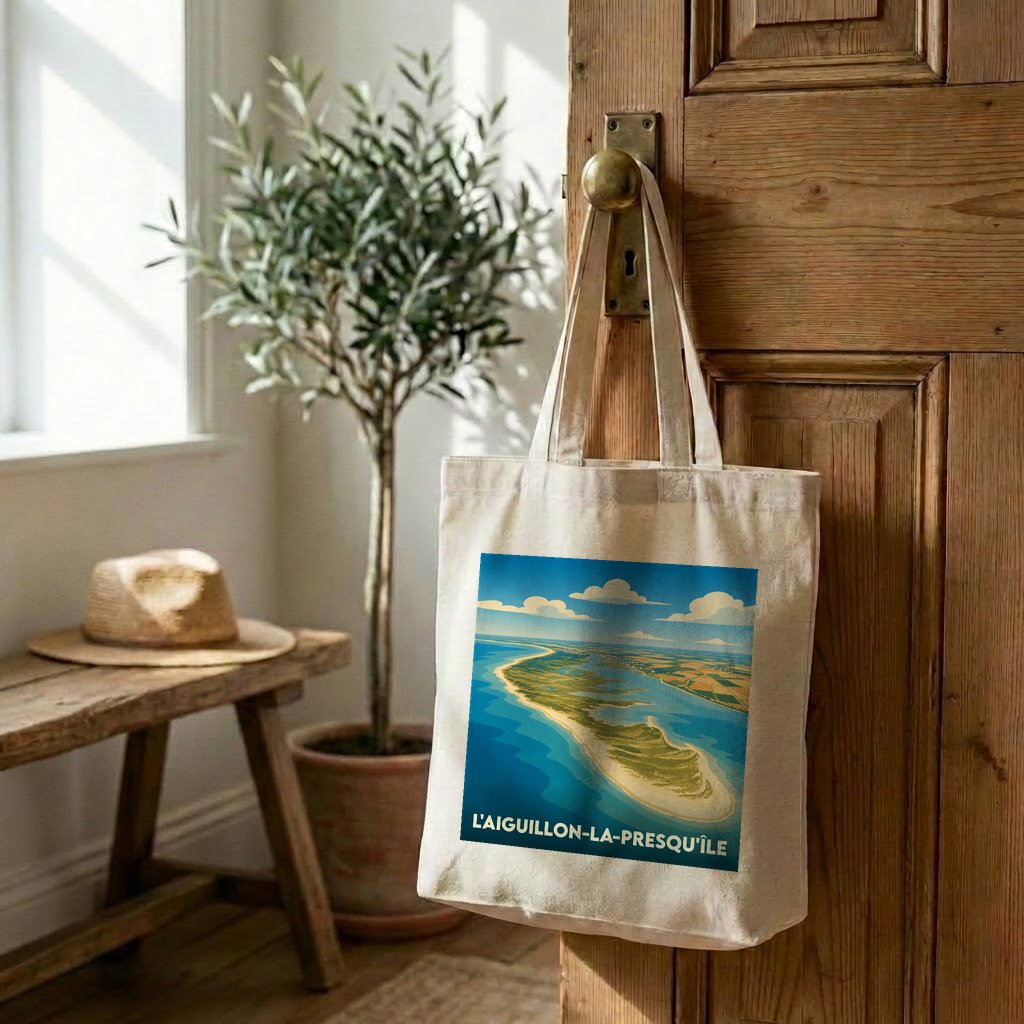 Tote bag souvenir de la ville de L'Aiguillon-la-Presqu'île avec une illustration stylisée d'un paysage côtier.