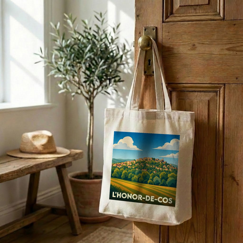 Tote bag souvenir de la ville de L'Honor-de-Cos avec une illustration de paysage stylisée.