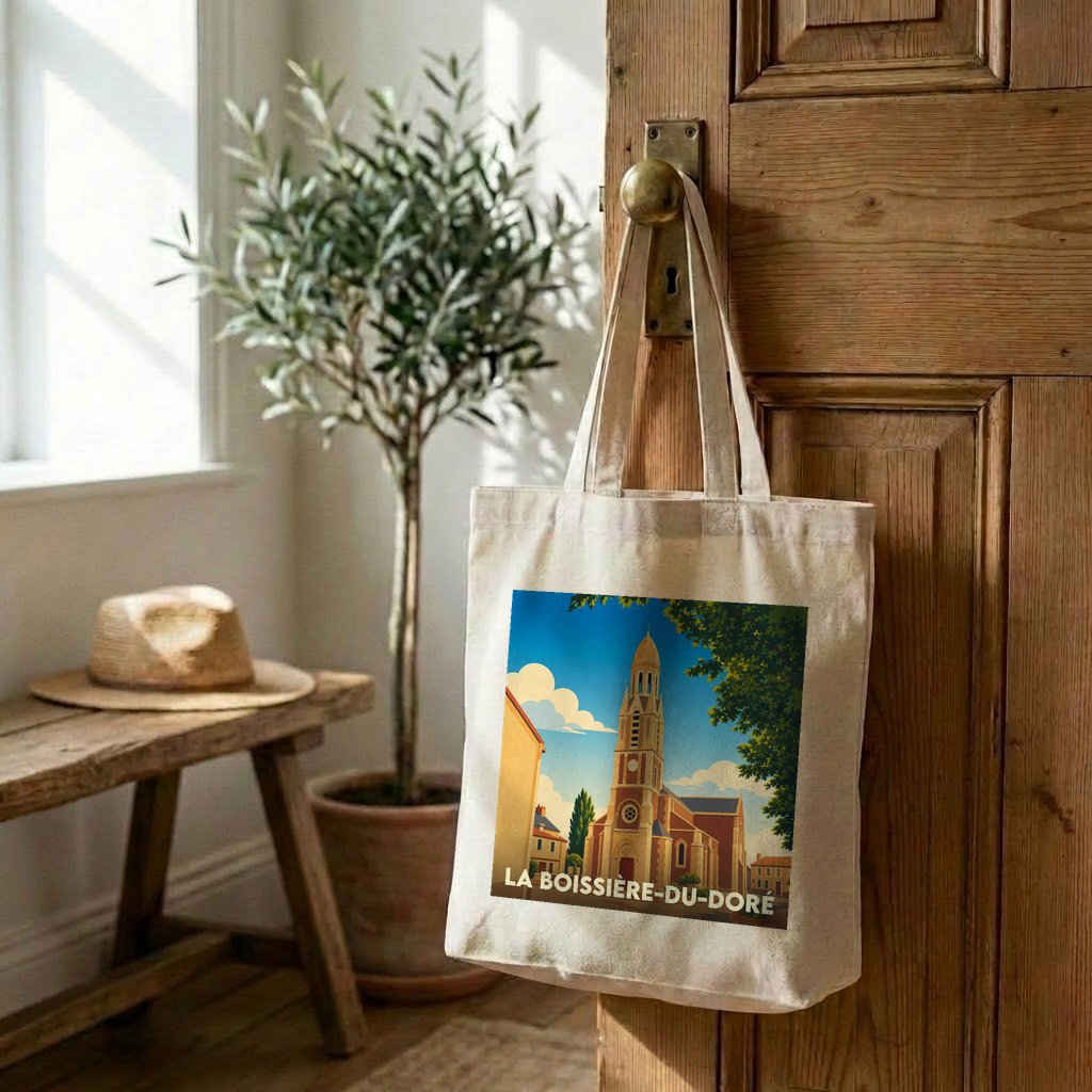 Tote bag souvenir de la ville de La Boissière-du-Doré avec une illustration stylisée de son église.