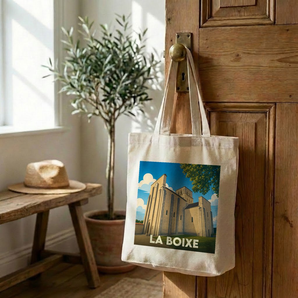 Tote bag souvenir de la ville de La Boixe avec une illustration stylisée de son église.