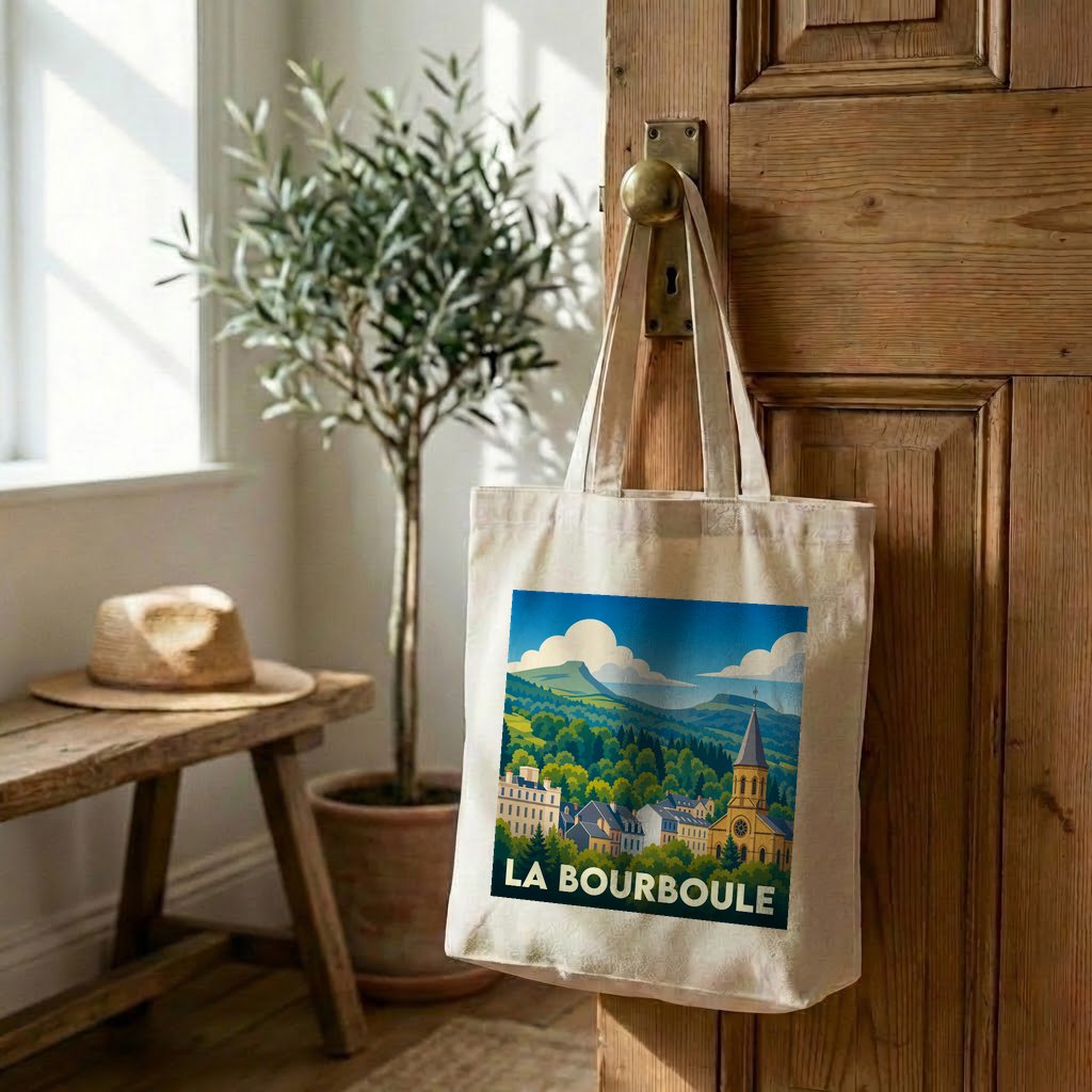 Tote bag souvenir de la ville de La Bourboule avec une illustration stylisée.