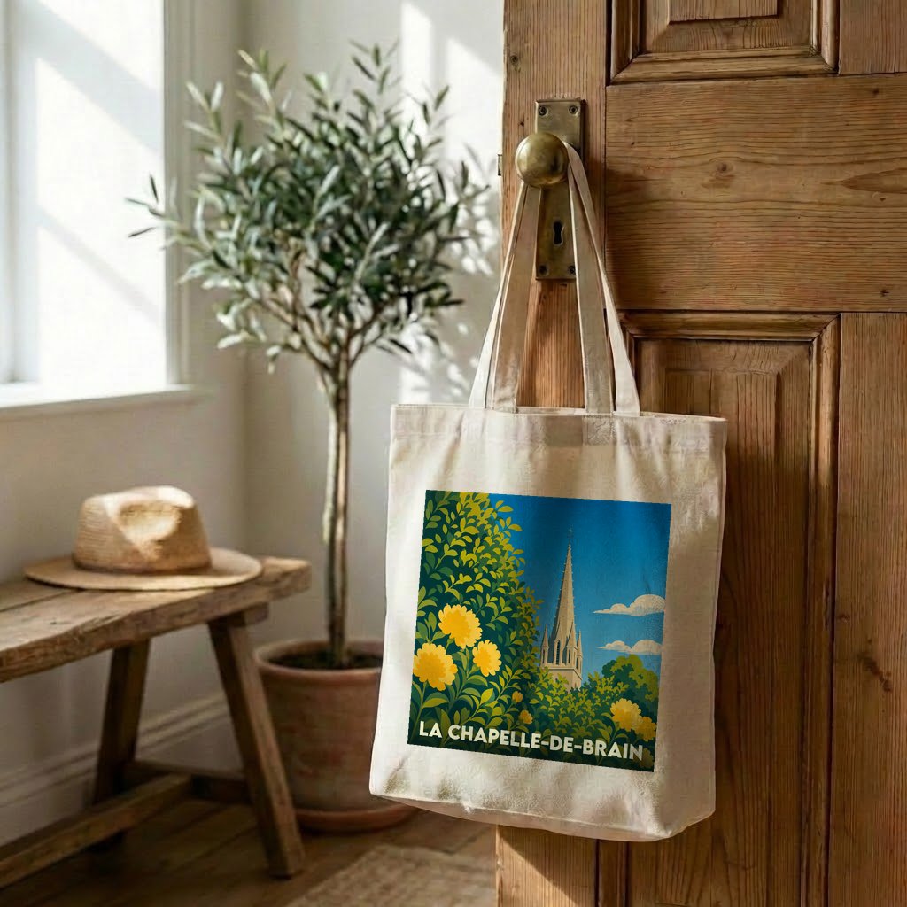 Tote bag souvenir de la ville de La Chapelle-de-Brain avec une illustration stylisée.