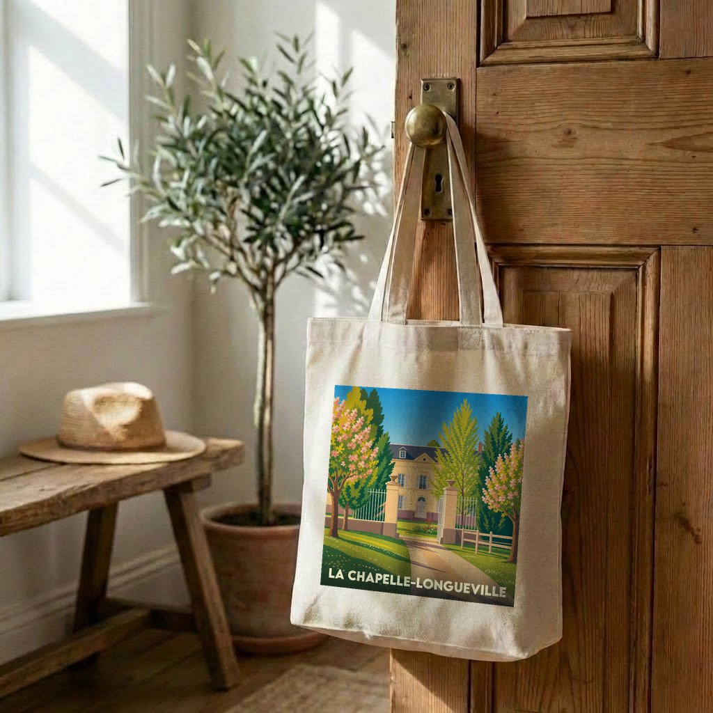 Tote bag souvenir de la ville de La Chapelle-Longueville avec une illustration stylisée.