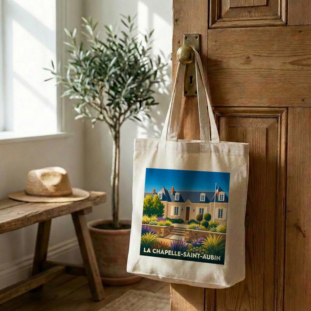 Tote bag souvenir de la ville de La Chapelle-Saint-Aubin avec une illustration stylisée.