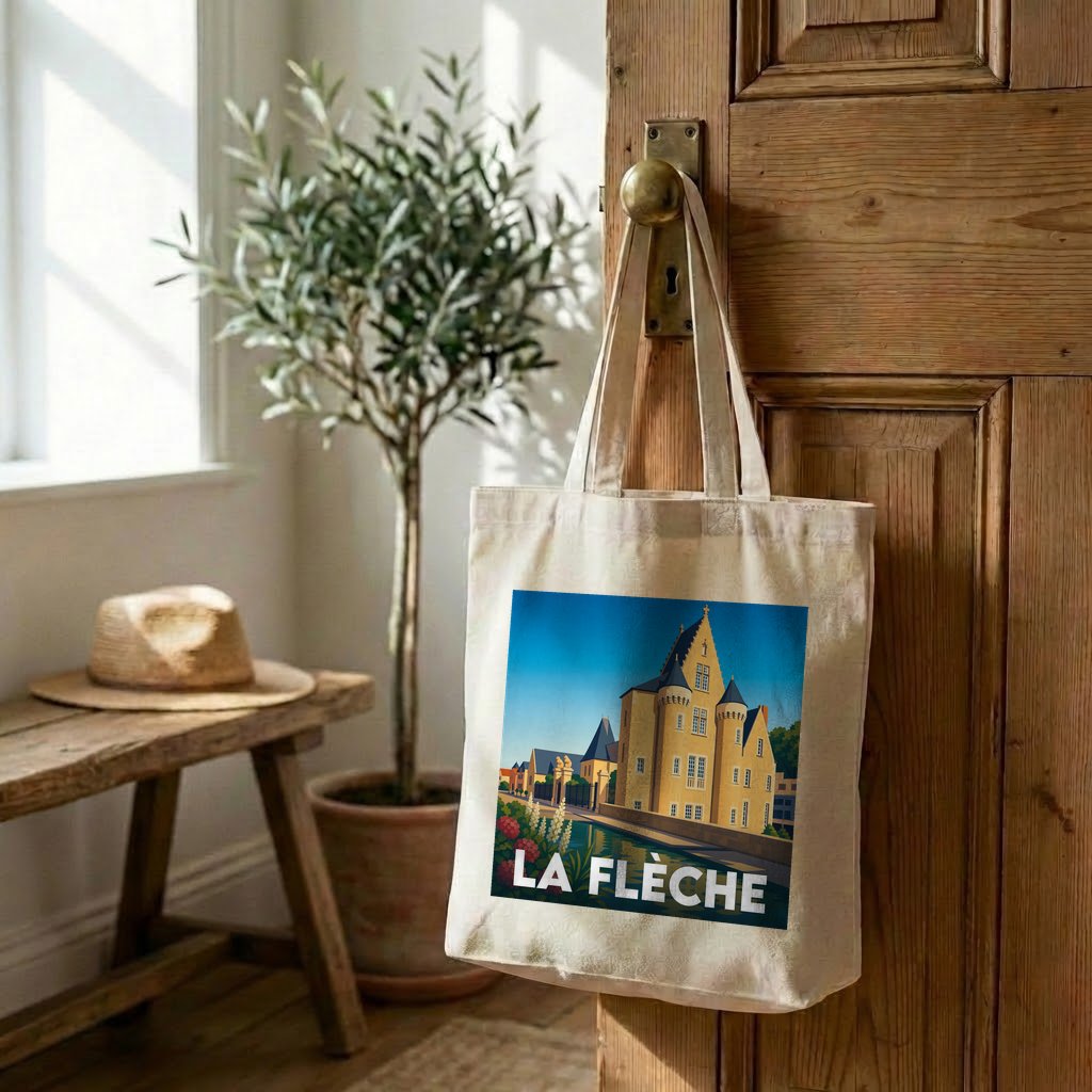 Tote bag souvenir de la ville de La Flèche avec une illustration stylisée.