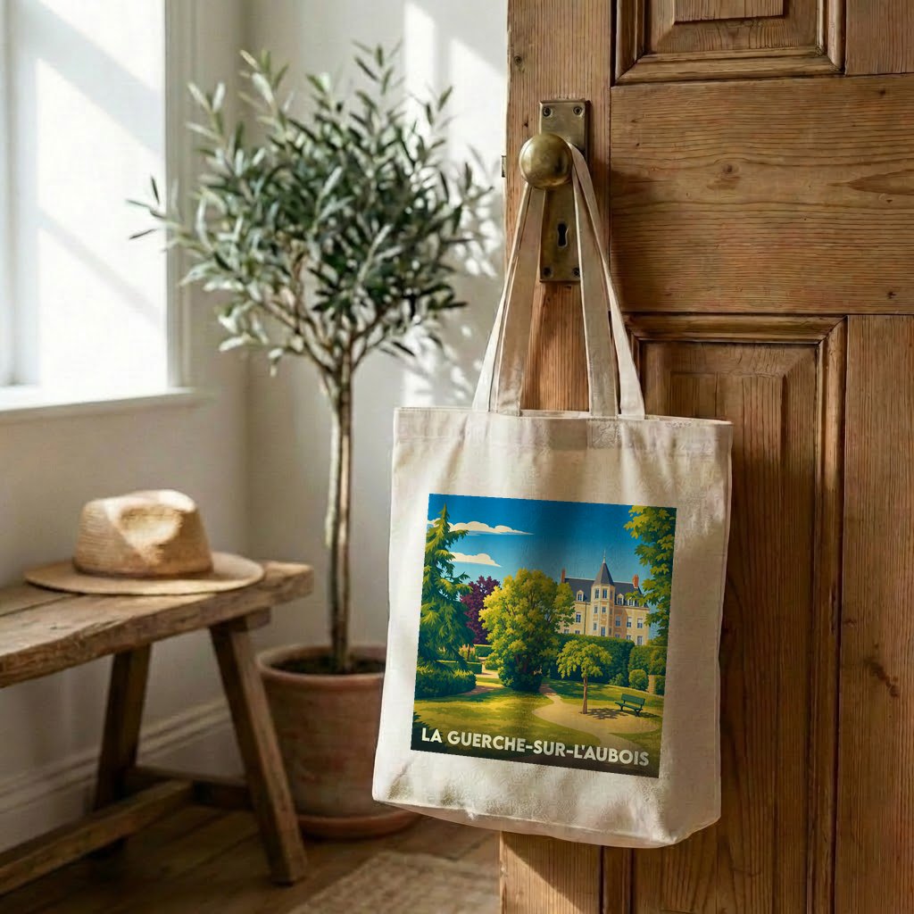 Tote bag souvenir de la ville de La Guerche-sur-l'Aubois avec une illustration stylisée d'un château.
