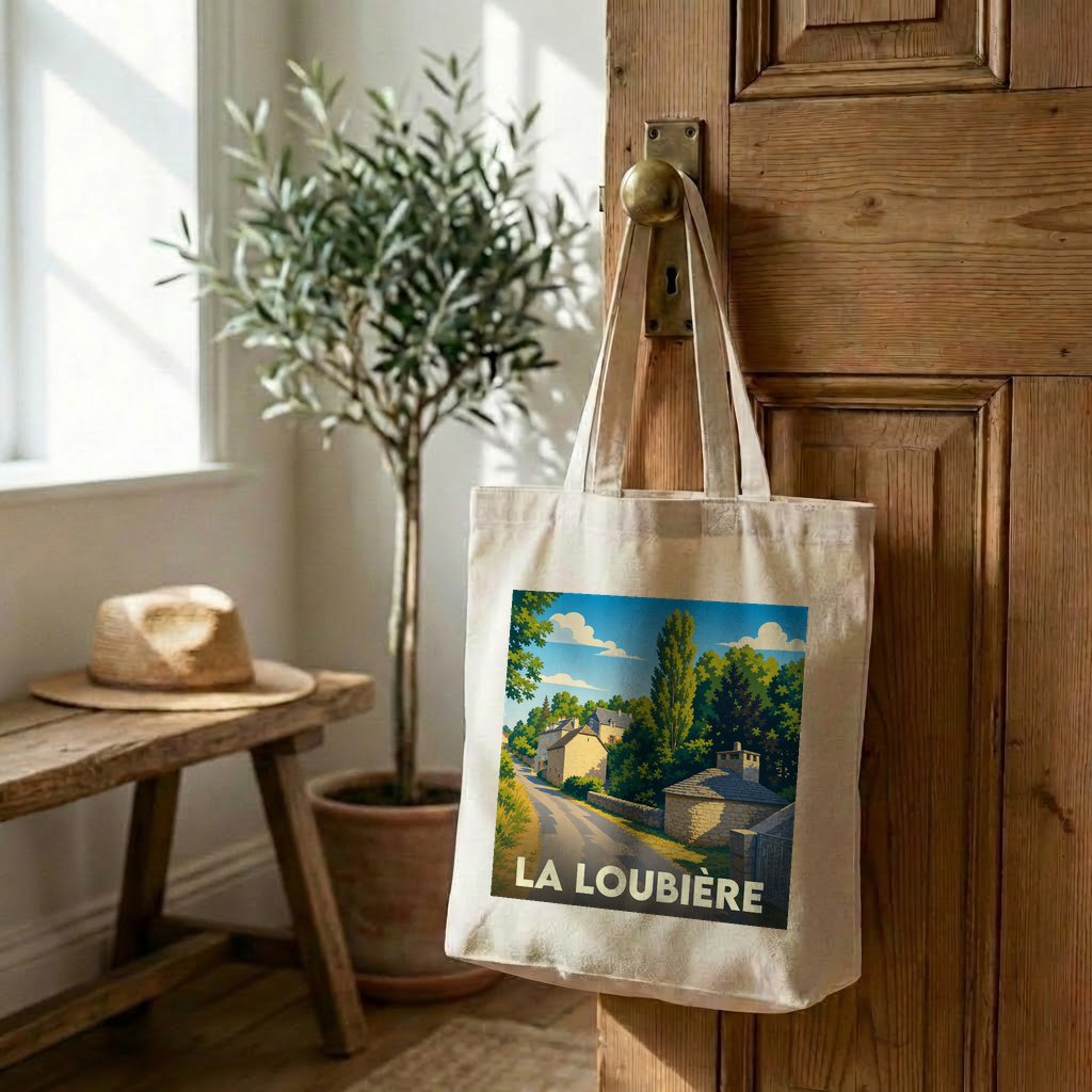Tote bag souvenir de la ville de La Loubière avec une illustration stylisée.