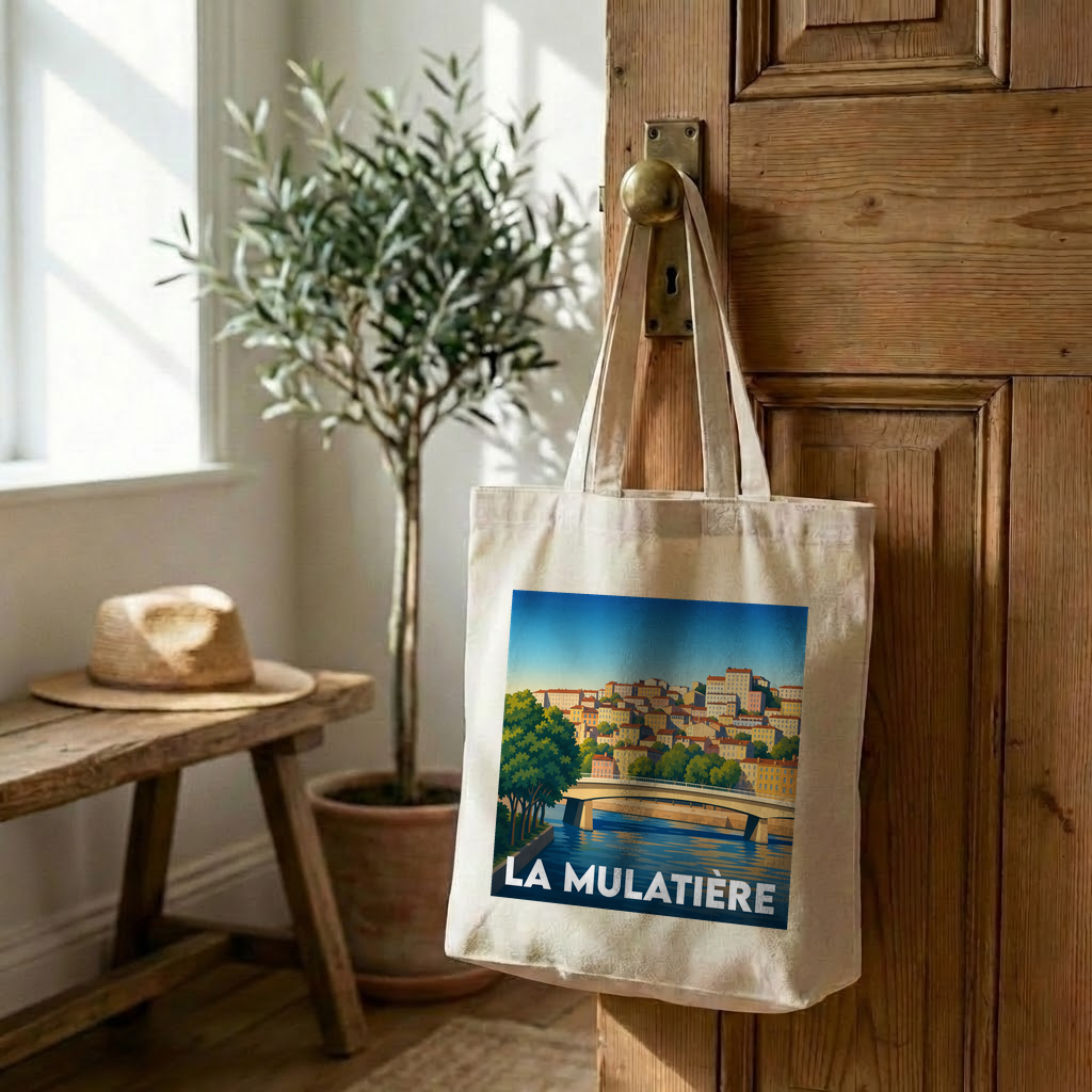 Tote bag souvenir de la ville de La Mulatière avec une illustration stylisée.