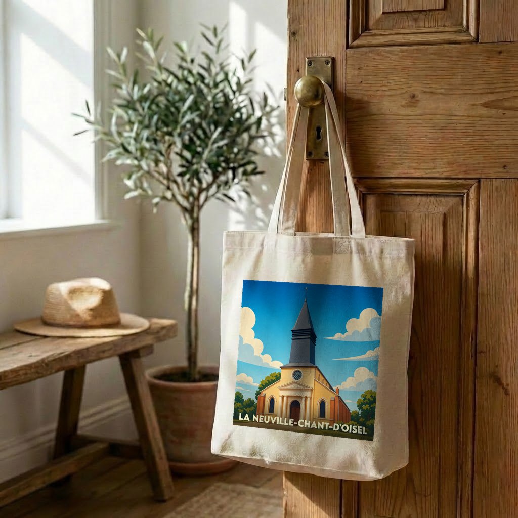 Tote bag souvenir de la ville de La Neuville-Chant-d'Oisel avec une illustration stylisée de son église.