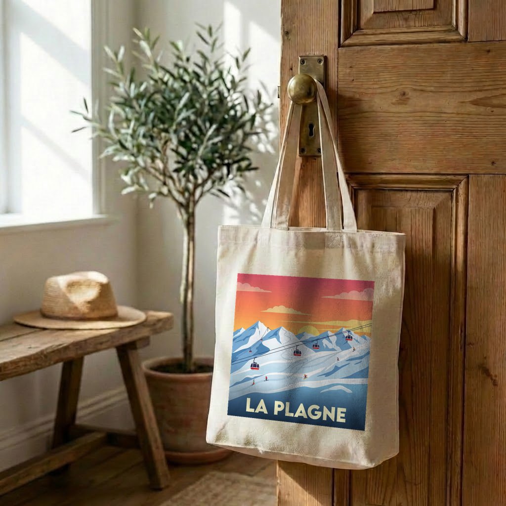 Tote bag souvenir de la ville de La Plagne avec une illustration stylisée de ses montagnes.