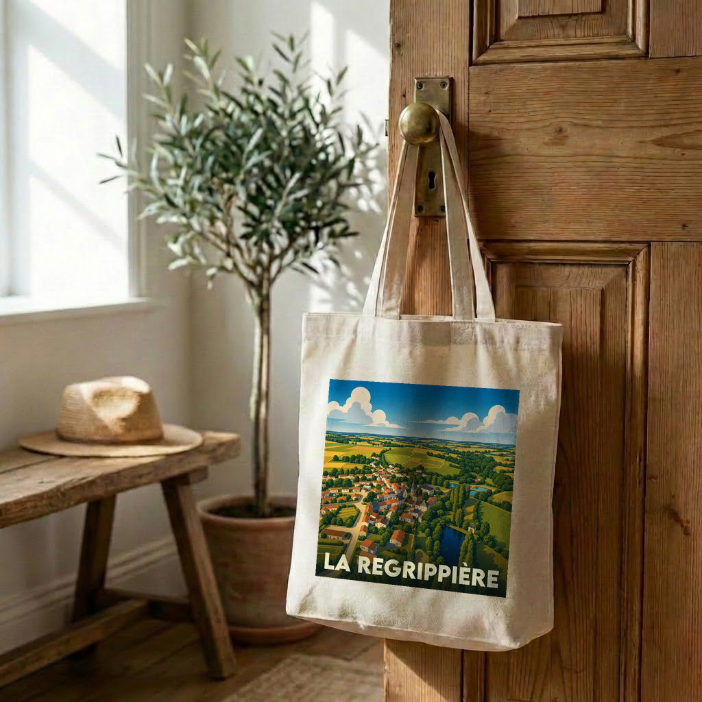 Tote bag souvenir de la ville de La Regrippière avec une illustration stylisée.