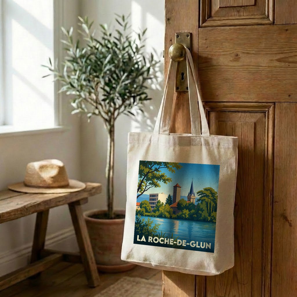 Tote bag souvenir de la ville de La Roche-de-Glun avec une illustration stylisée.