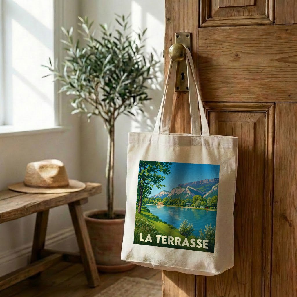 Tote bag souvenir de la ville de La Terrasse avec une illustration stylisée de paysage.