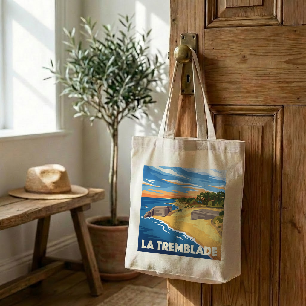 Tote bag souvenir de la ville de La Tremblade avec une illustration stylisée de son paysage côtier.