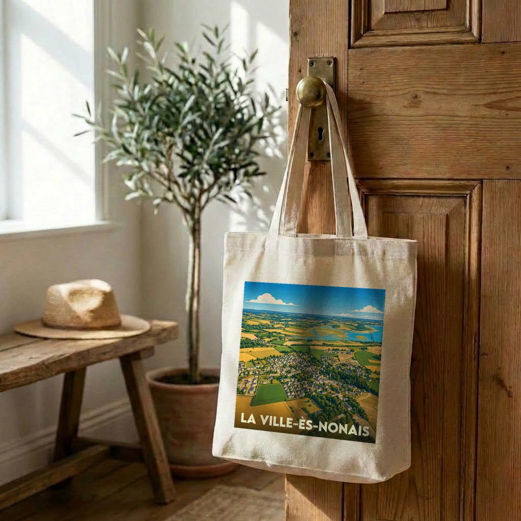 Tote bag souvenir de La Ville-ès-Nonais avec une illustration aérienne colorée.