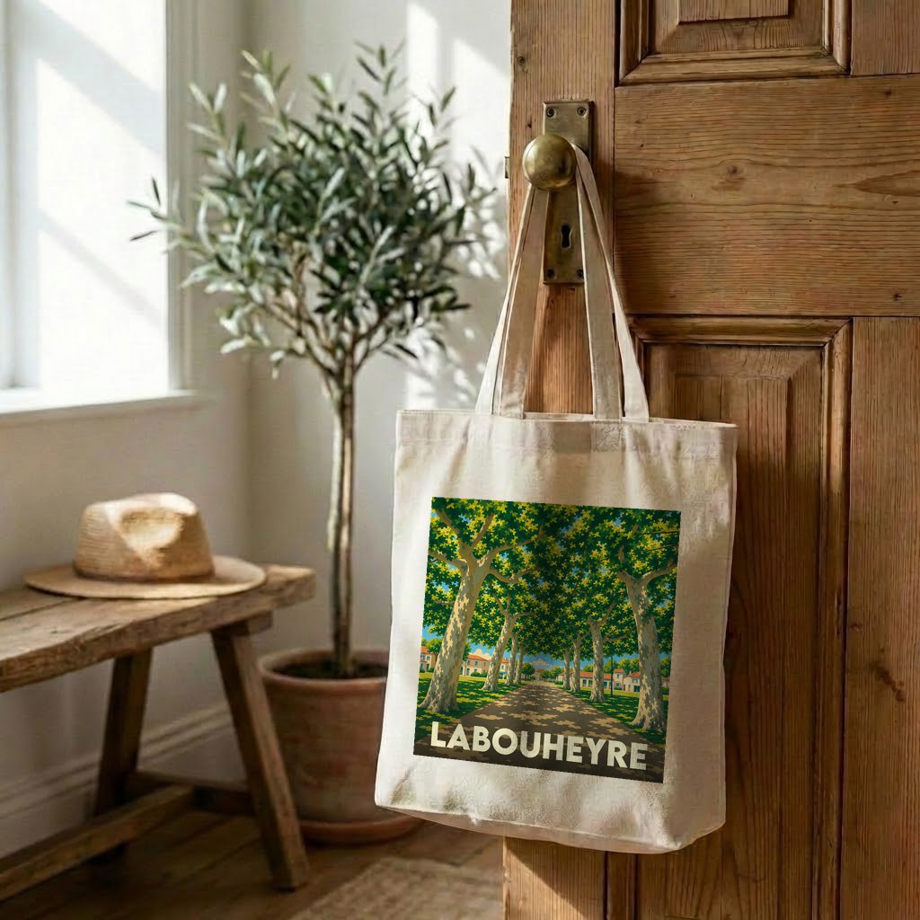 Tote bag souvenir de la ville de Labouheyre avec une illustration stylisée d'une allée d'arbres.