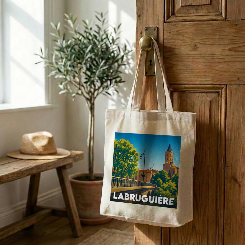 Tote bag souvenir de la ville de Labruguière avec une illustration stylisée.