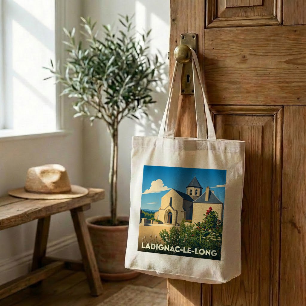 Tote bag souvenir de la ville de Ladignac-le-Long avec une illustration stylisée.