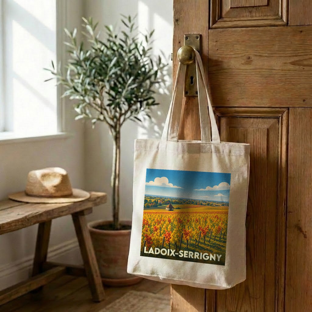 Tote bag souvenir de la ville de Ladoix-Serrigny avec une illustration stylisée d'un vignoble d'automne.