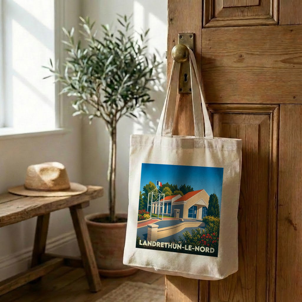 Tote bag souvenir de la ville de Landrethun-le-Nord avec une illustration stylisée.