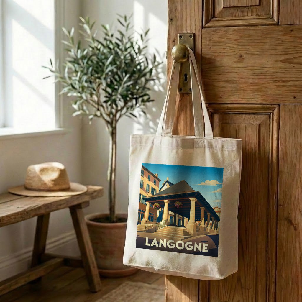Tote bag souvenir de la ville de Langogne avec une illustration stylisée.